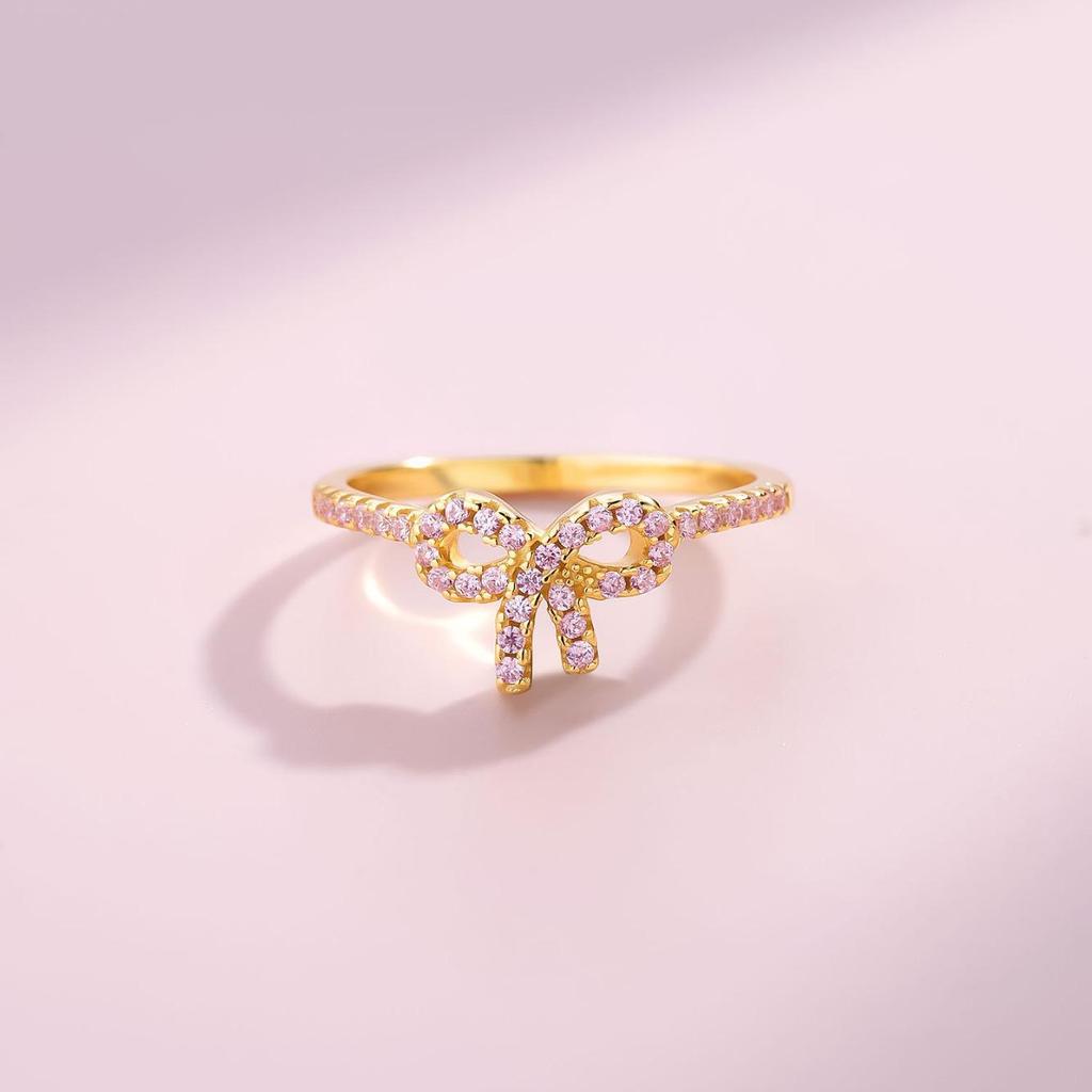 Prsteň S925 zo striebra rýdzosti 925 s ružovou mašľou a zirkónmi - Luxusné šperky európskeho a amerického štýlu