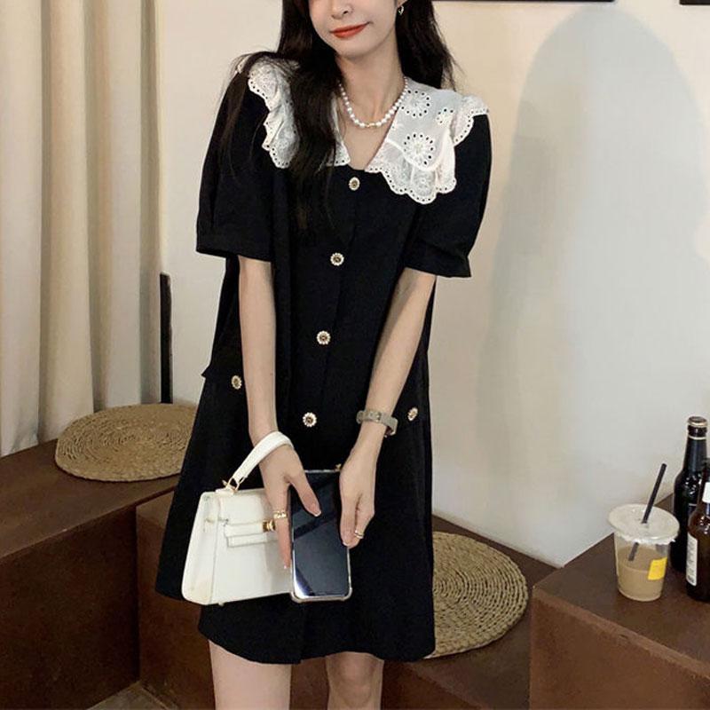 

Стильное мини-платье с кружевным воротником Питер Пэн, женская одежда, французский стиль, пэчворк на пуговицах, летнее однотонное корейское А-силуэтное платье L чёрный