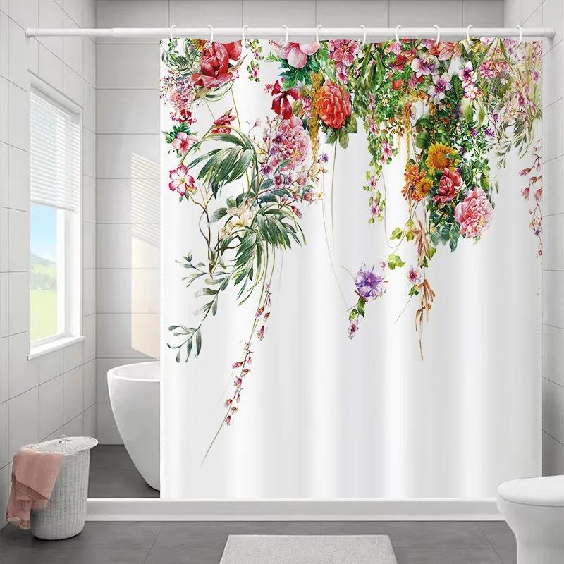 1PC Botanical Flower and Leaf Watercolor Pattern Waterproofing Bathroom Decoration Shower Curtain with Hooks Minimalist Design