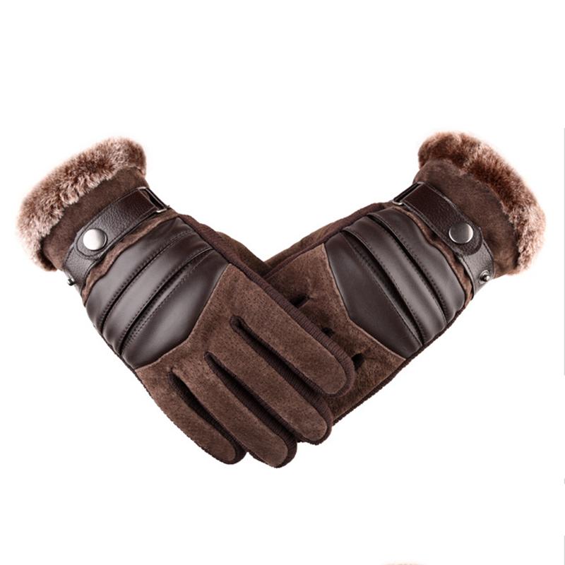 Brown Mens Leather Gloves Real Pigskin  Winter Gloves Warm Thick Driving Skiing Men's Gloves