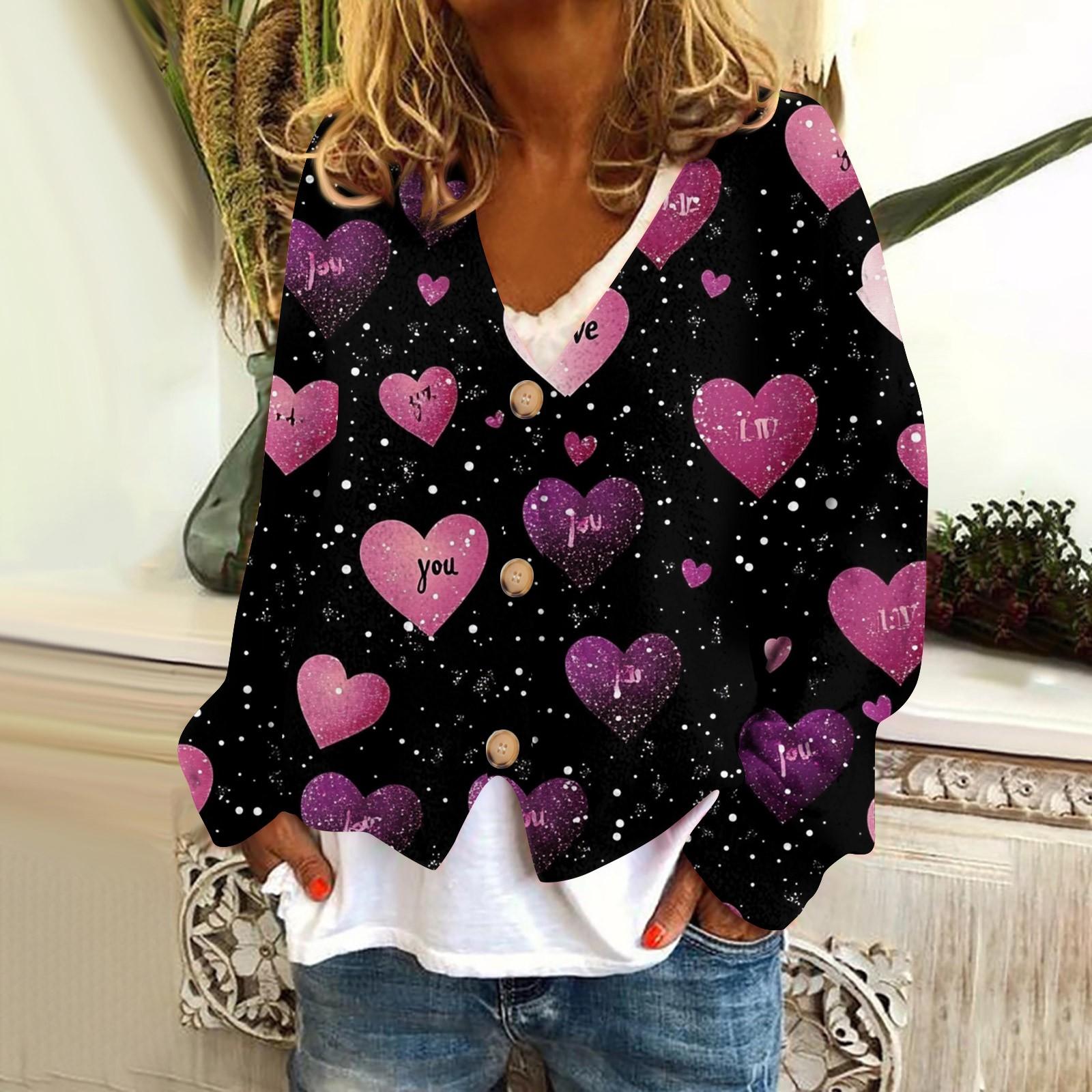 

Women s Fashion Short Jacket Casual Long Sleeve Valentine s Day Printed Single Breasted Plush Top S чорний
