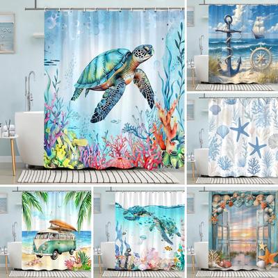 Turtle Shower Curtain Summer Beach Anchor Nautical Starfish Watercolour Art Creative Polyester Shower Curtains Bathroom Decor