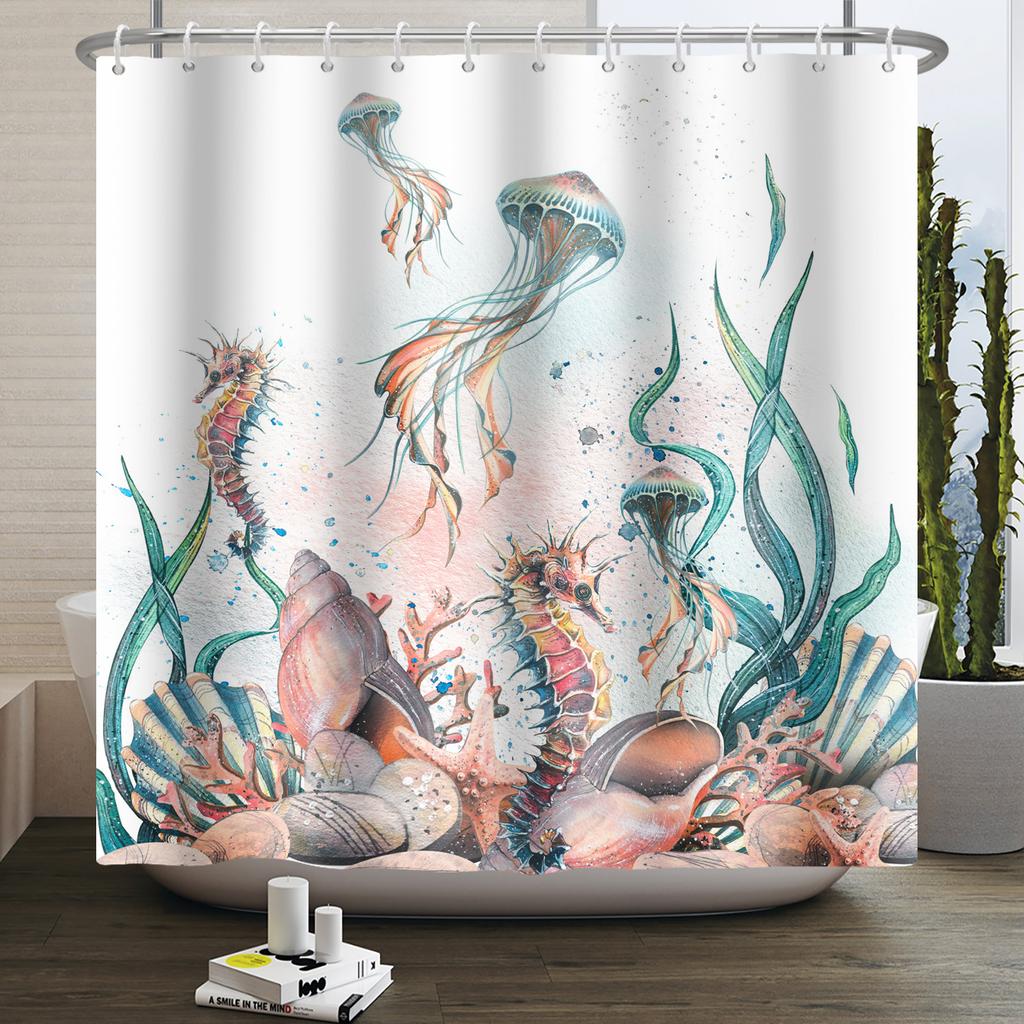 Underwater World Ocean Shower Curtain for Bathroom Seabed Animals Sea Turtle Dolphin Fish Waterproof Bathroom Curtain With Hooks