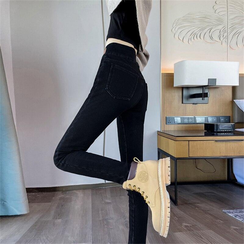 

Зимние джинсы с высокой талией и пуговицами, тонкие женские флисовые обтягивающие эластичные утолщенные теплые бархатные женские брюки-карандаш, джинсовые брюки XXL