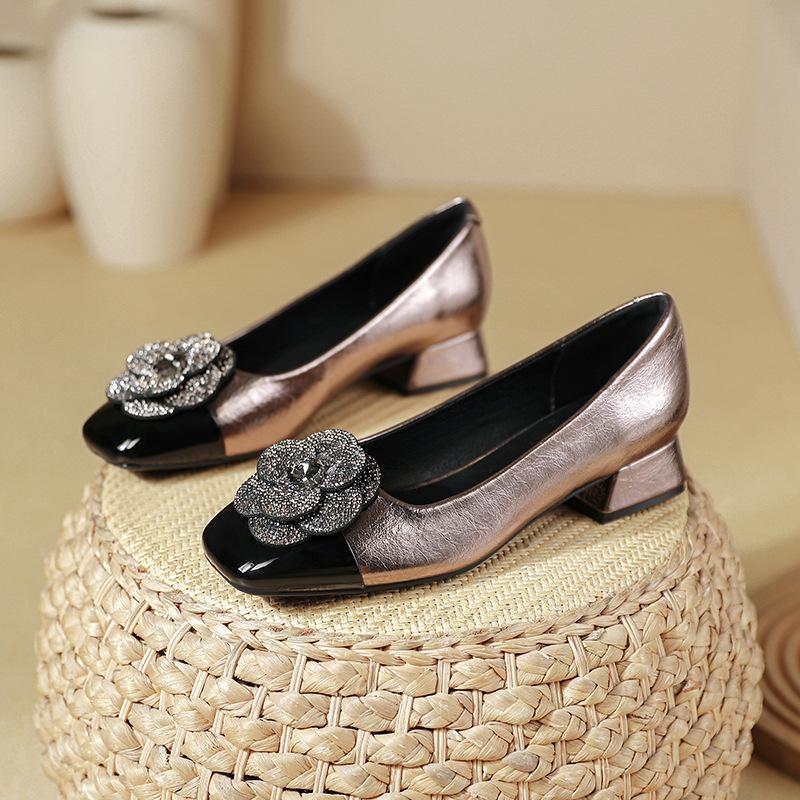 Rhinestone Camellia Color Matching Small Fragrant Style High Heels Thick Heel 2025 New Huizhou Women's Shoes Square Head Light Mouth Single Shoes