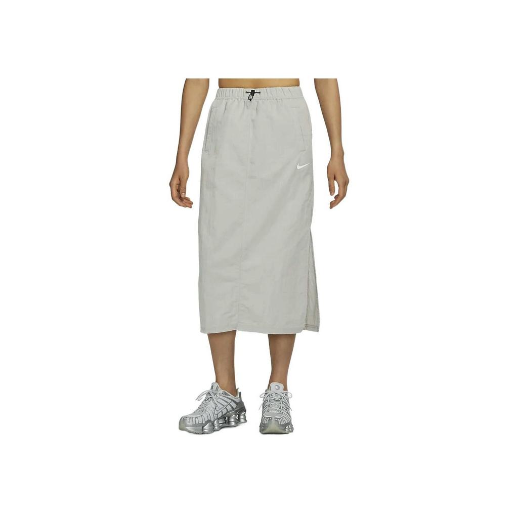 Nike Solid Color Logo Print Side Split Woven High Waist Midi Casual Skirt Women Skirts Gray DM6250-012