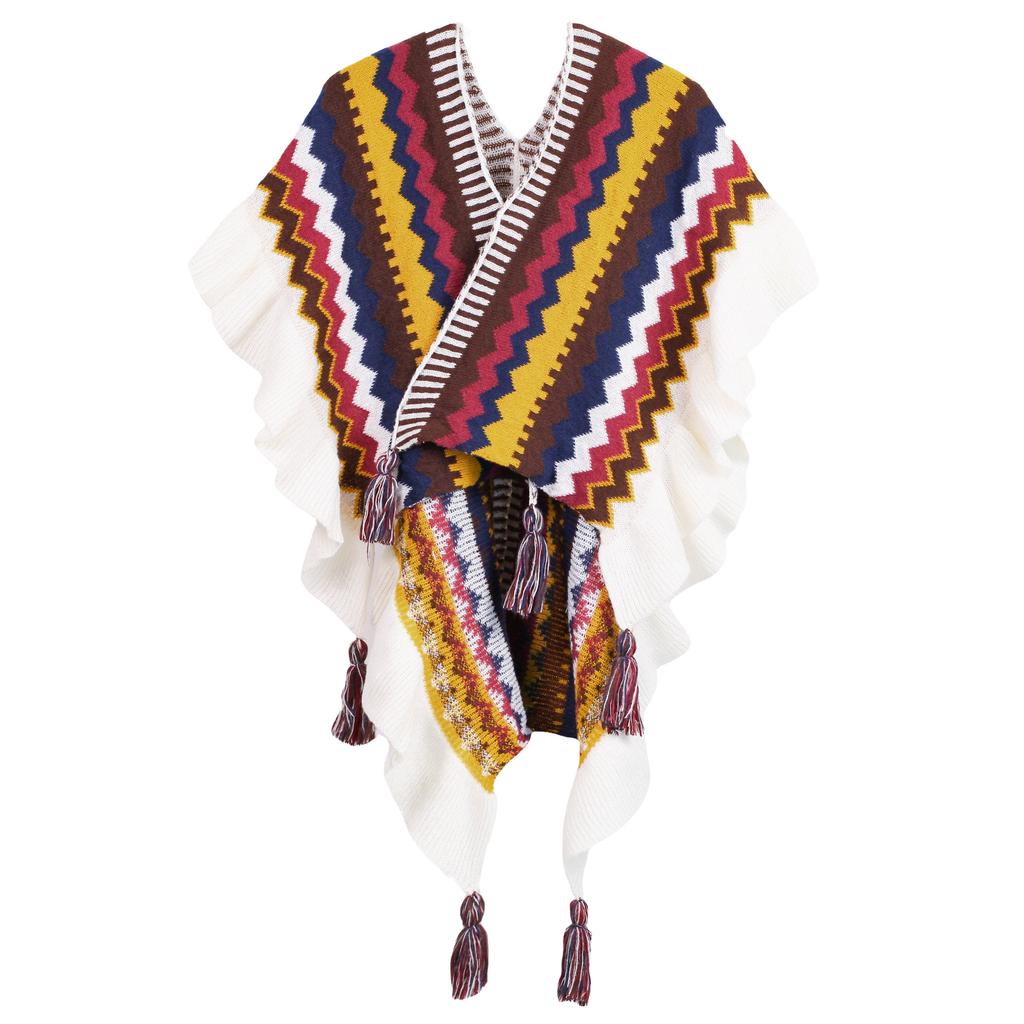 Flowers Embroidered Rainbow Knitted Shawl Spliced Ruffles Sweater Coat Irregular Gauze Ruched Scarf Cape Cardigan Poncho