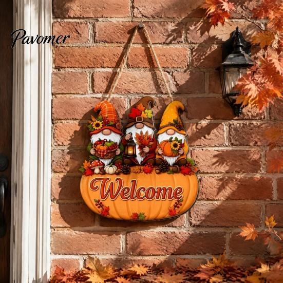 Autumn Welcome Sign Pumpkin Gnome for Front Door, Rustic Wood Hanging Wooden Ornament with Hemp Rope Fall Harvest Home Porch Wall Decorations