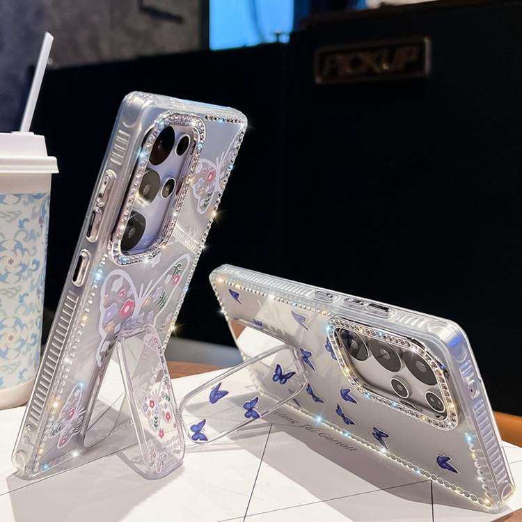 The Flash Diamond Frame Is Suitable for Samsung S25Ultra Mobile Phone Case, Painted Flower Butterfly Mirror Holder, New A56 Case.