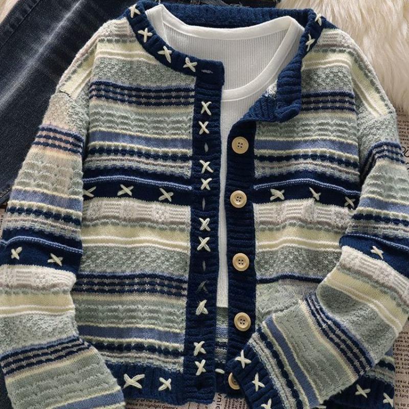Women Striped Contrasting Knitted Cardigans Korean Style Retro Gentle Ladies Sweaters Autumn Casual Lazy Woman Cardigan Tops