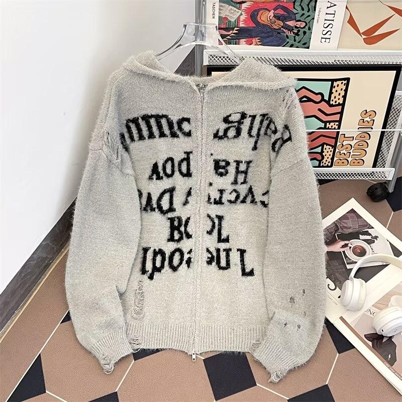 

American Retro Ripped Hooded Knit Cardigan with Letter Zipper - Gray Large сірий колір