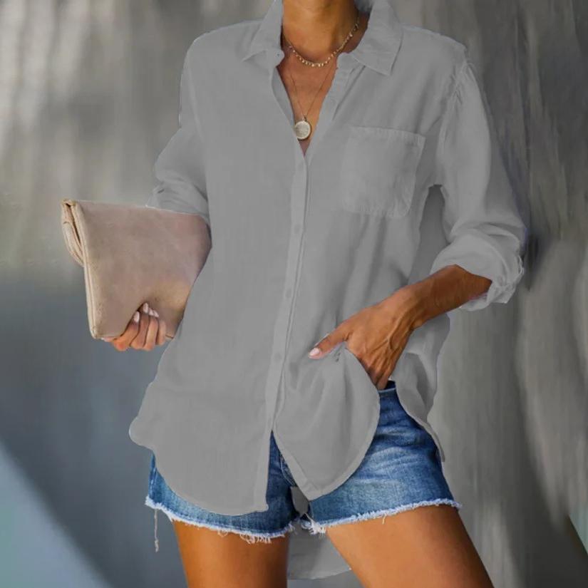 Women's Shirt Solid Colour Large Size Casual Loose Button Down Shirt