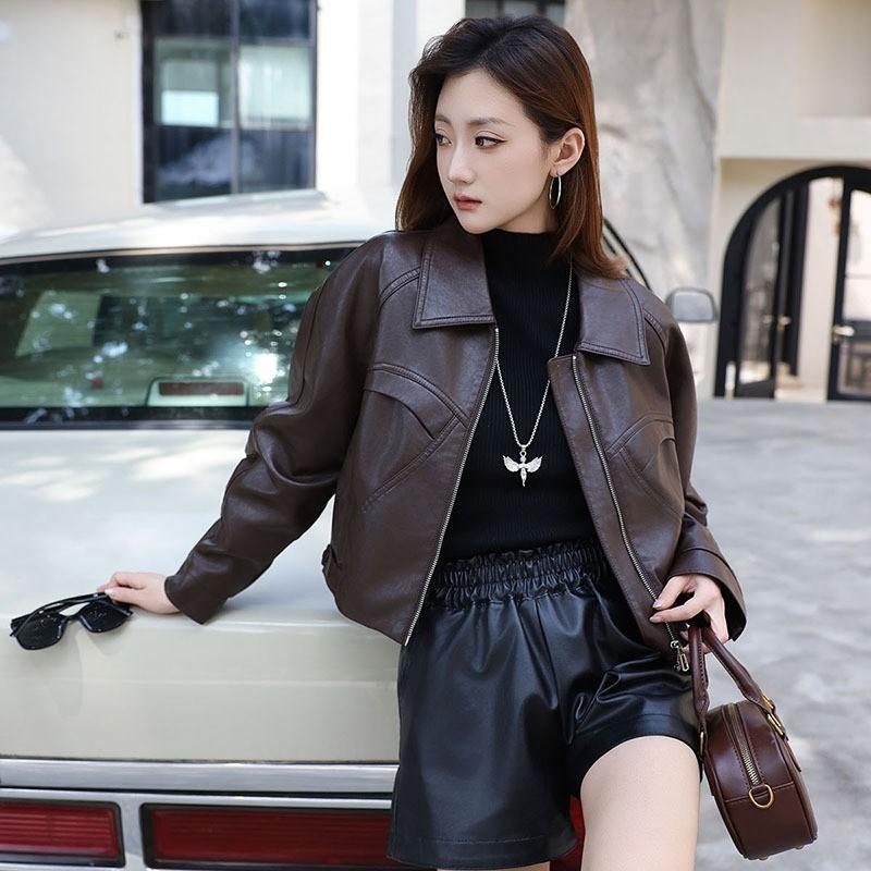 Womens Short PU Leather Jacket Slim Fit Turn-Down Collar Washed Faux Biker Style Coat