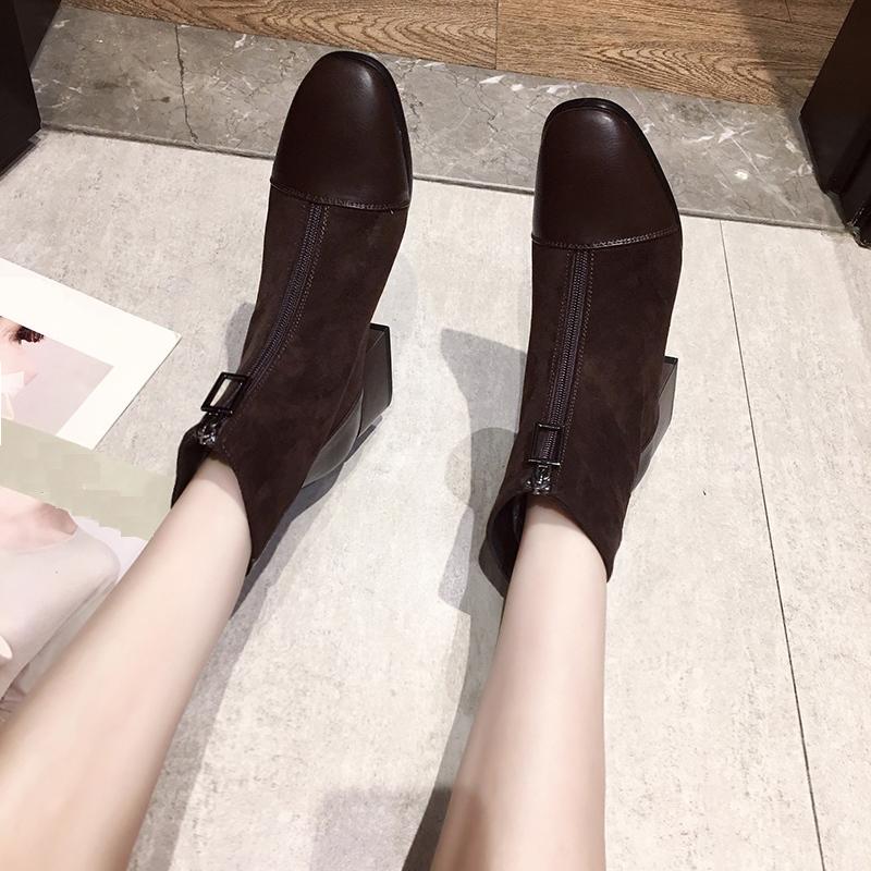 Women's Fashion Mid Boots Fashionable Boots with Front Zipper Thick Heel Suede Midsole Boots Leather Shoes Women's Shoes 35-40
