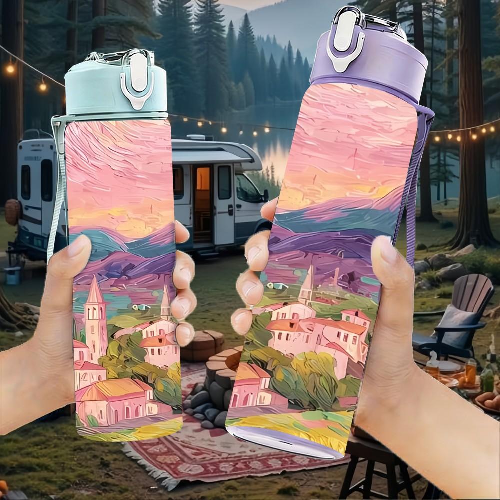 1PC Pink Sunset Mountain Village Landscape Art 750ml Color Plastic Sports Water Bottle Leakproof Flip Straw Lid Suitable for Sports Office Home Use