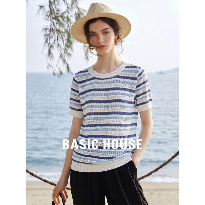 Basic House Women s Striped Knit Short Sleeve T-shirt XL