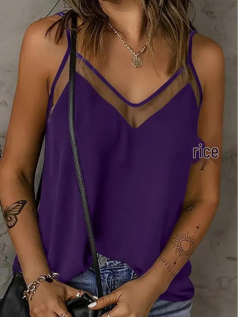 2026 Spring/Summer Women's Solid Color Mesh V-Neck Camisole - European & American Fashion