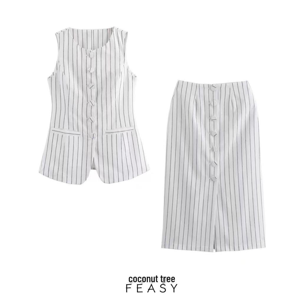 2024 Summer European & American Women's Linen-Style Striped Long Vest & Skirt Set