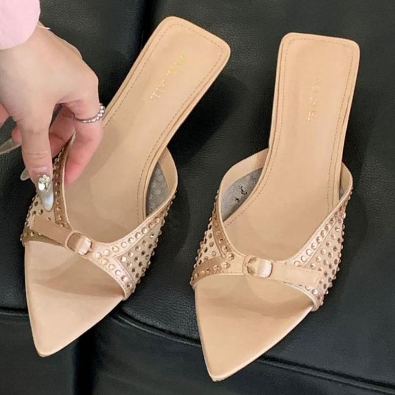 

Fashion Bling Rhinestone Thin Heel Design Bring Slipper Women Pointy Toe Kitten Heel Buckle Slide Sandal Elegant Comfort Zapato De Mujer 39 шампанского