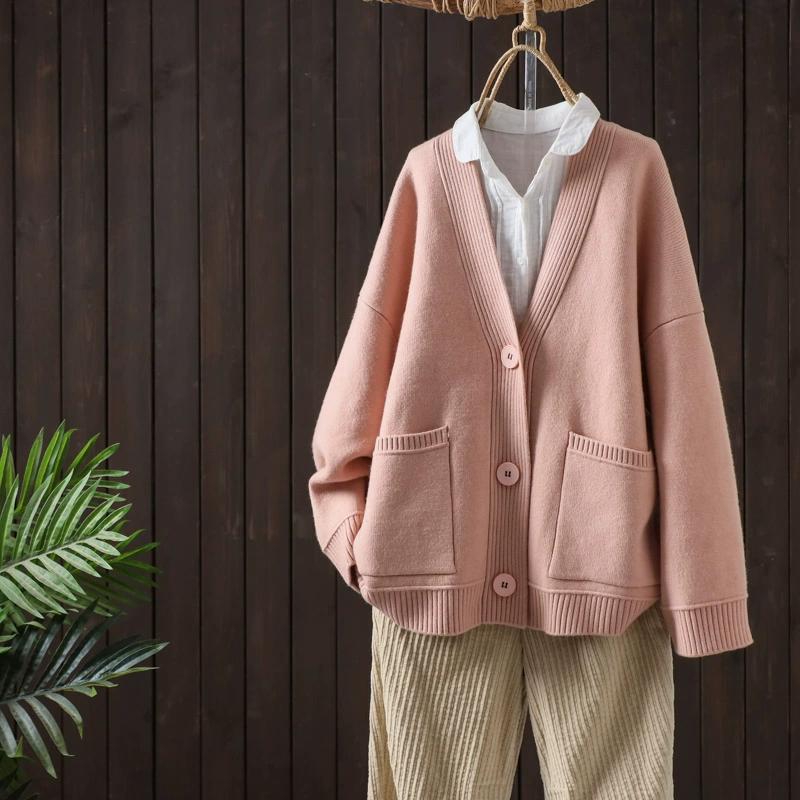 

2025 Новый Осенний Женский Свитер Вязаный Базовый Топ Футболка Кардиган Длинный Рукав Корейская Рубашка Свободное Пальто One Size розовый