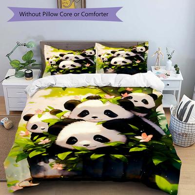 3pcs Four Winning Pandas Print Bedding Set (1 Cover + 2 Pillowcases, Without Inserts), This Printed Bedding Set Is Soft and Comfortable, Sui