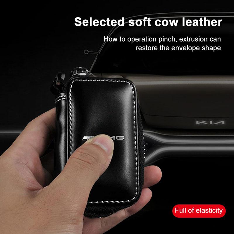 Leather Emblem Car Key Case Keychain Zipper Key Case Bag Car Accessories For Mercedes-Benz AMG C500 C200 C300 A B C E GLA CLA GLK GL ML GLE W204 W205