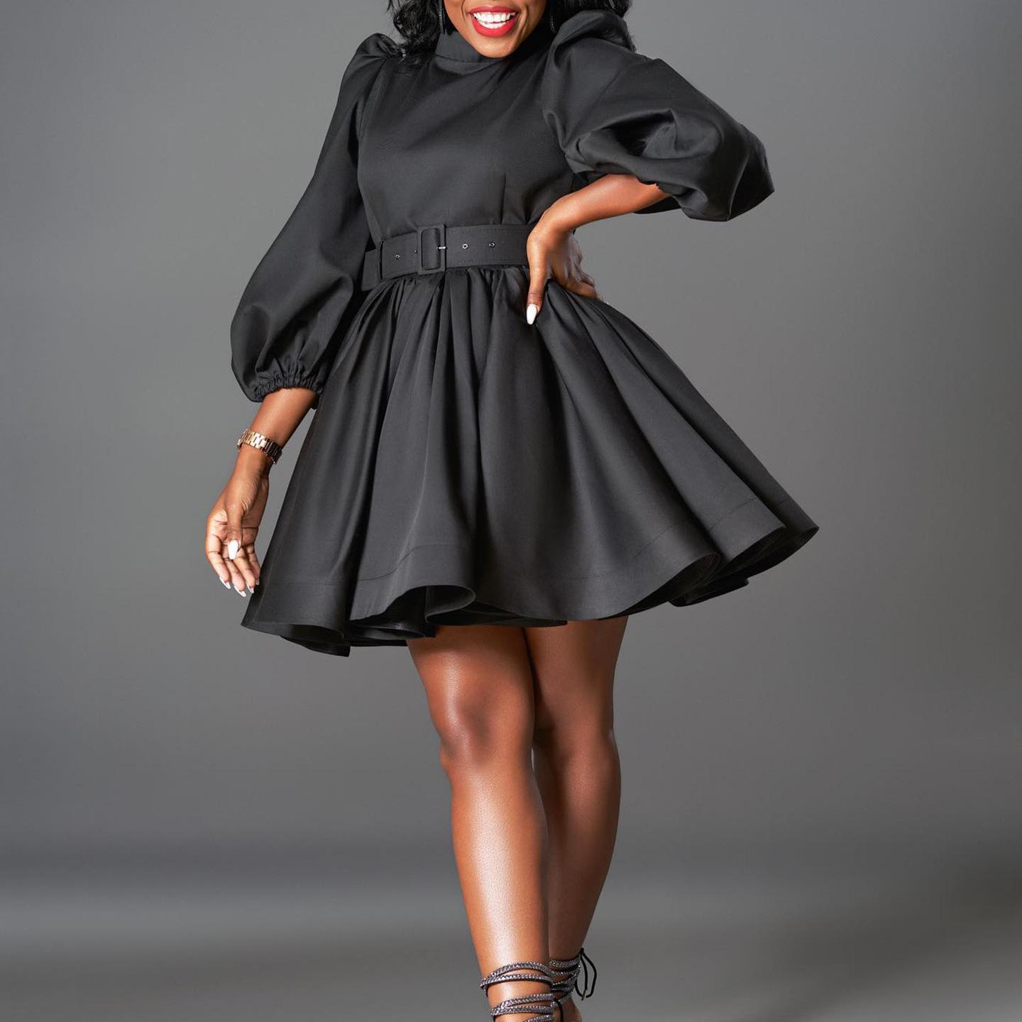 Women Fashion Elegant Puff Sleeve High Waist Solid Long Sleeve A Line Mini Dress S чёрный