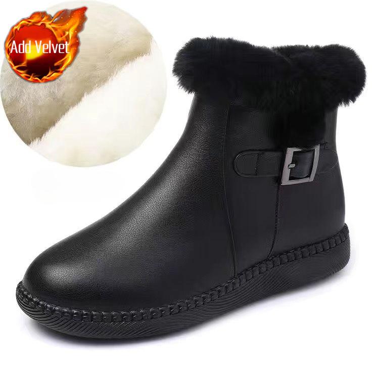 Fashion Leather Flat Waterproof Round Toe Women's Snow Boots Trend 2025 Booties Sale Furry Work Comfortable and Elegant Hot Ladies Shoes