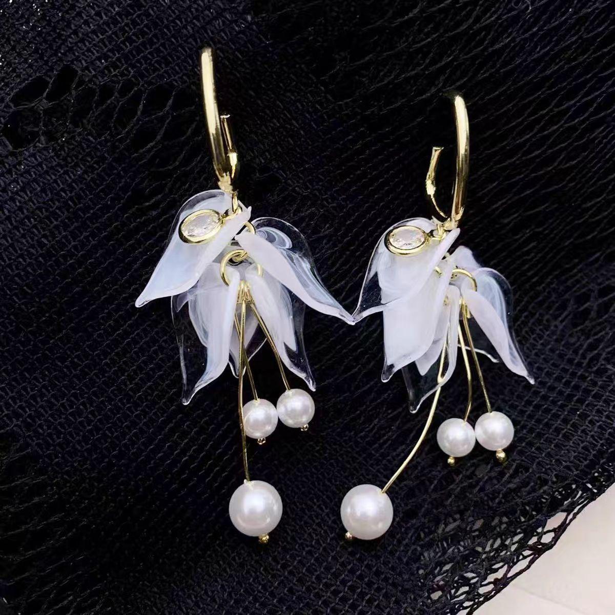 Petals Pearl Fringe Earrings Sweet Vacation Elegant Unique Earrings S925 Silver Ear Wires белый