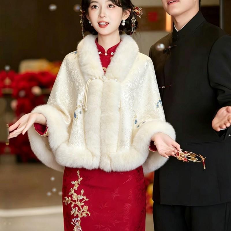Winter Solid Color Knit Cape Shawl With Fur Trim Warm Cheongsam Outerwear Women