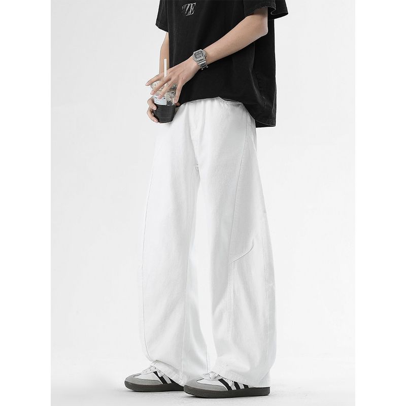 Wassup High-End Curved Knife-Cut Workwear Casual Pants for Men, Three-Dimensional Tailoring, Trendy White High-Street Wide-Leg Jeans for Boys