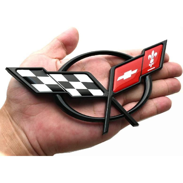 Paar-Set 1997-2004 Corvette C5 Front-Haubenemblem und Heckklappe 3D Gekreuzte Flaggen Abzeichen Ersatz für Corvette (Schwarz Rot)