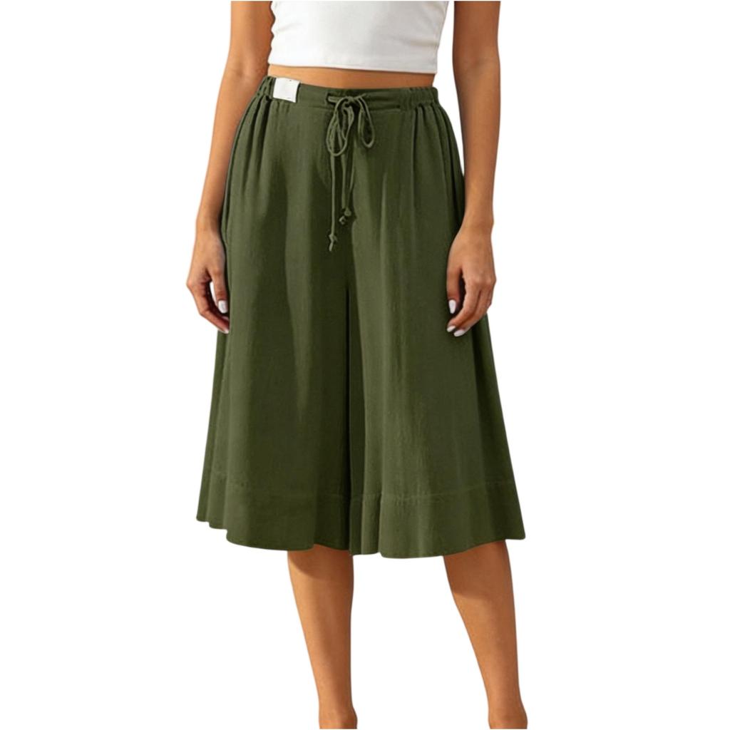 Women’s Wide Leg Culottes Drawstring Waist Loose Fit Pleated Midi Skirt Pants Soft Lightweight Fabric