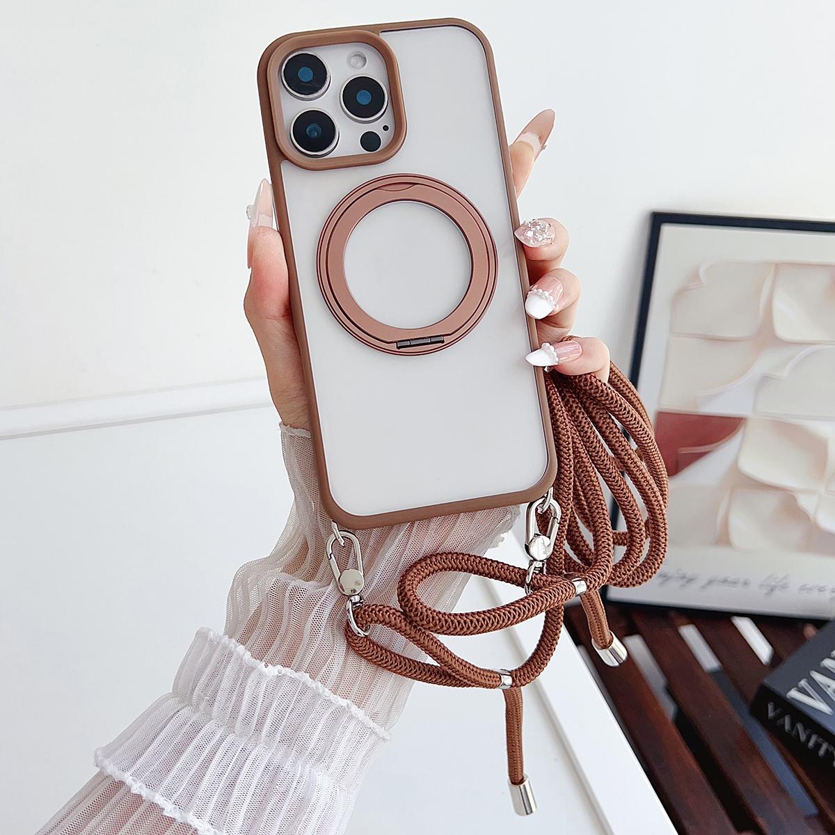 

For iPhone 15 Pro Case Compatible with MagSafe Rotatable Kickstand PC+TPU Phone Cover with Lanyard D