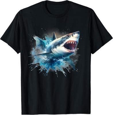 Weißer Hai Spritzendes Wasser Grafik T-Shirt Atmungsaktives Baumwoll Kurzarm T-Shirt