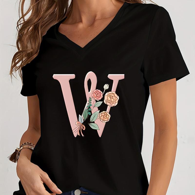 Cartoon Alphabet Flower Graphic Tee Womens Clothing Pink Flower Alphabet Gift Tshirt FeUnisex Vintage 26 Initials Flower Tshirt