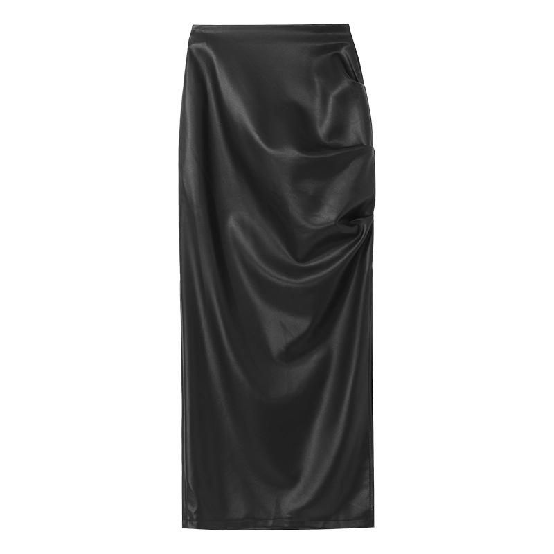 Black High Waist Folds Side Split Pu Leather Skirts For Women Autumn Winter Elegant Brown Bodycon Long Skirts