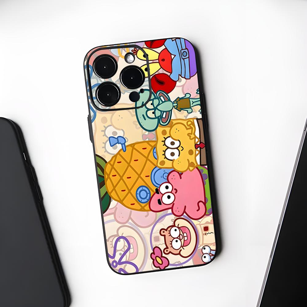 Coque de téléphone mignonne SpongeBob Noir Souple Pour Iphone 16 15 14 13 11 12 Pro Max Xr X Xs 8 7 Plus