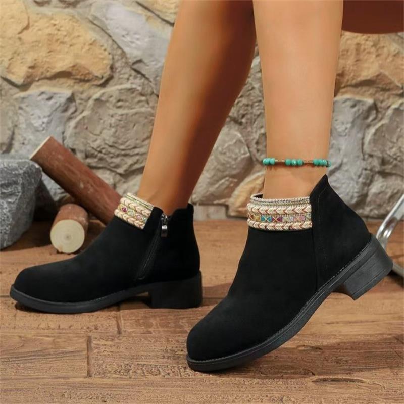 Autumn new suede side zipper ethnic style short boots large size boots square heel lace Martin boots 36