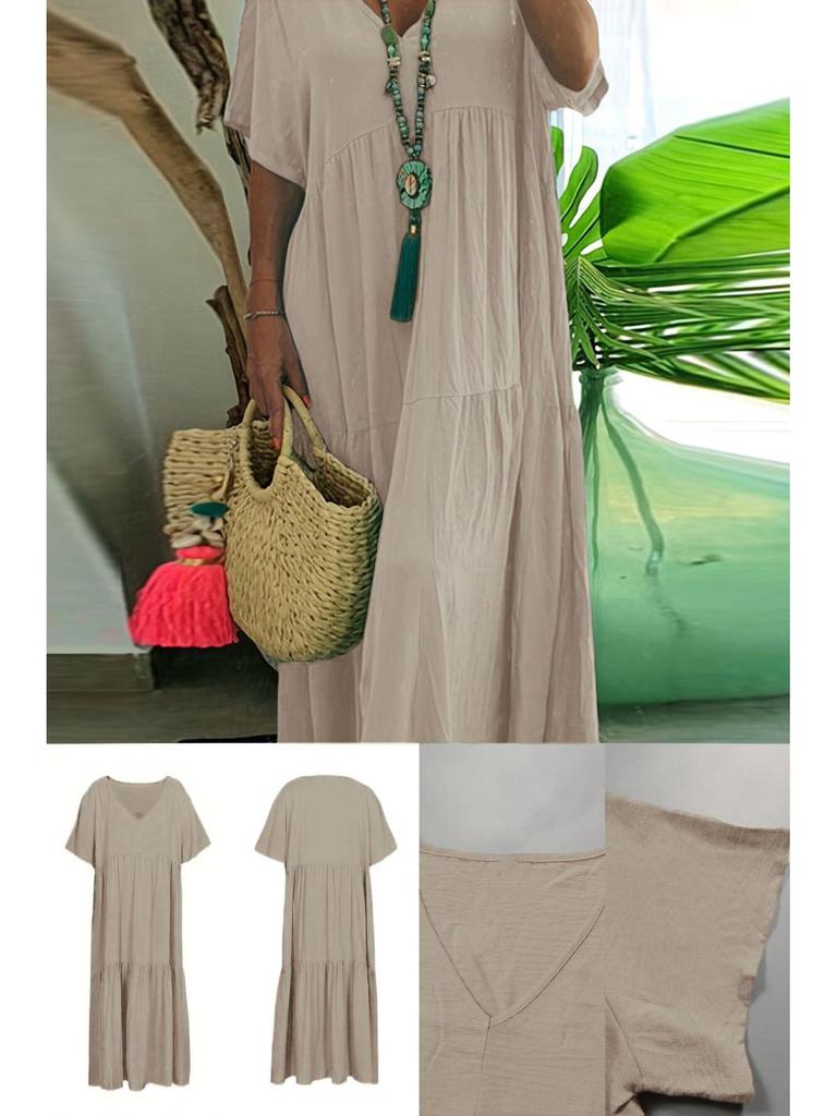 2025 Sommer Damen Einfarbig Locker Kurzarm Schwingkleid