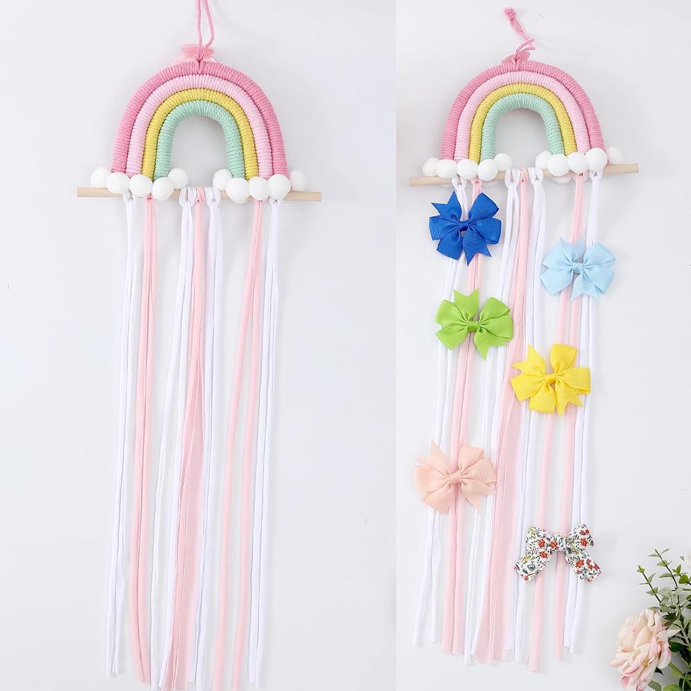 Rainbow Braided Rope Wall Hanging Organizer Hair Clips Storage Holder For Girl Bedroom Bathroom Decor Wall Ornaments Accessories