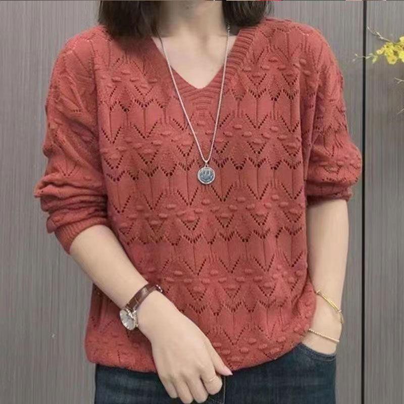 

Women s Fashion, Western Style, Hollow, Thin Temperament, Tops, Sweaters, Knitwear, All-match Bottoming, Long-sleeved, Loose Autumn and Winter XXXL красный