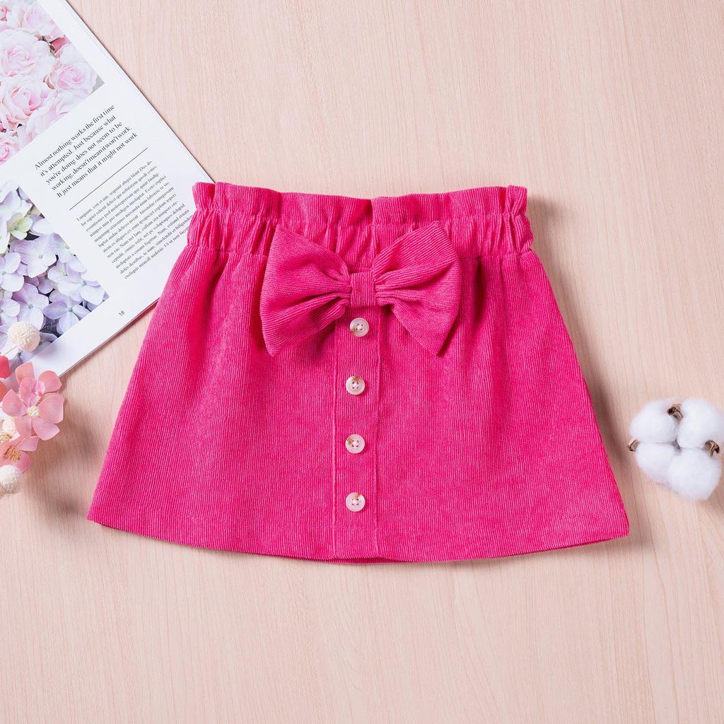 2024 Spring/Autumn Girls' Corduroy Bow Skirt - Solid Color, Single-Breasted, Fashionable.