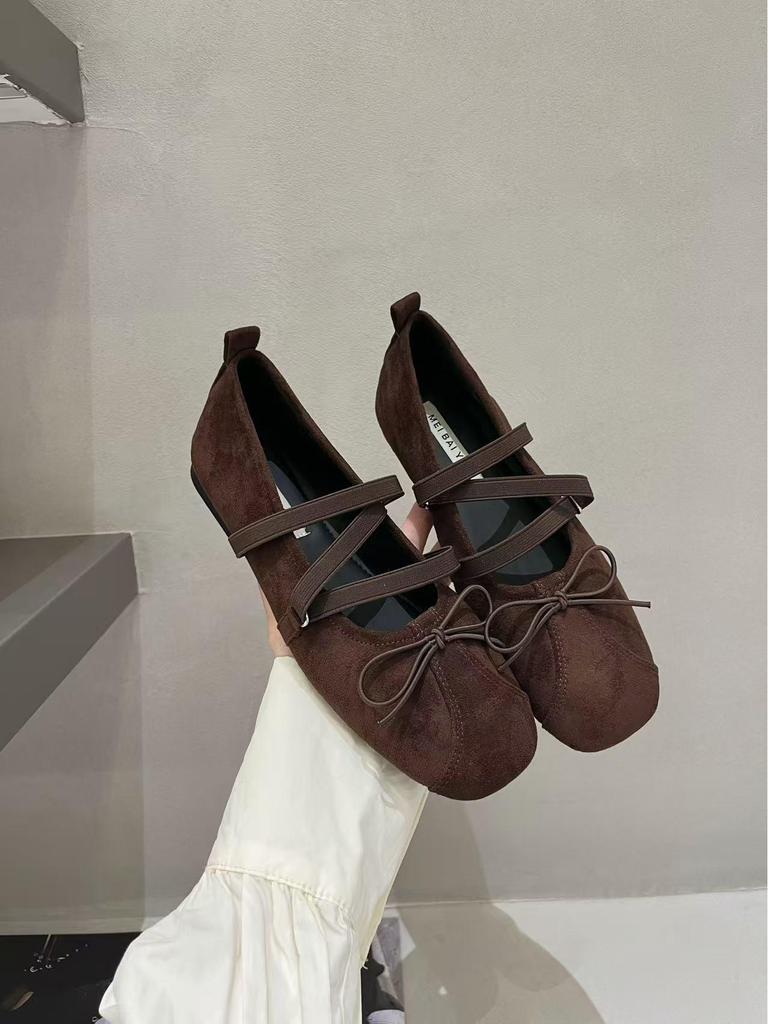 Wanwanfeng 2025 Zamszowe Baleriny z Kwadratowym Noskiem i Skrzyżowanymi Paskami z Kokardką dla Kobiet