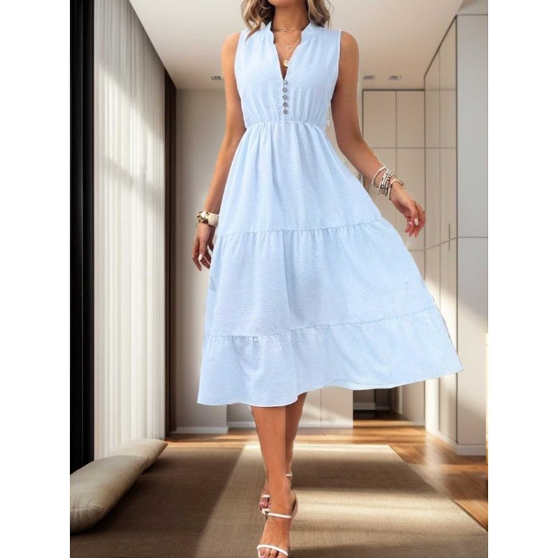 

Новое поступление Модный стиль Женская одежда Однотонное платье без рукавов Женское Рельефная узкая талия Стройнящее Миди Длинное Длинное Платье-жилет Light Blue S