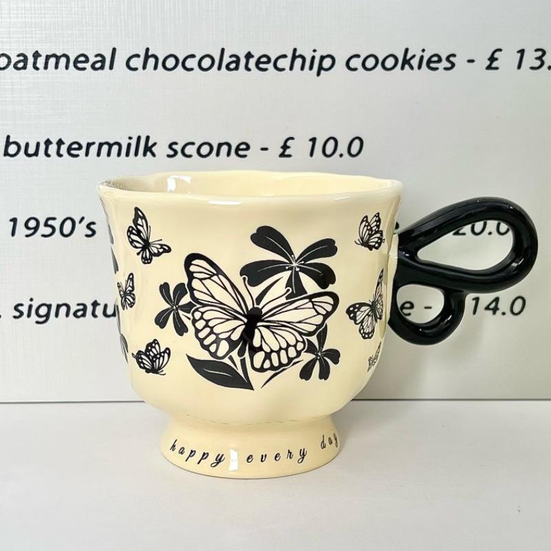 

French retro butterfly mug for girls, high-end coffee cup, high-value ceramic water cup, birthday gift for girlfriends 401-500ml