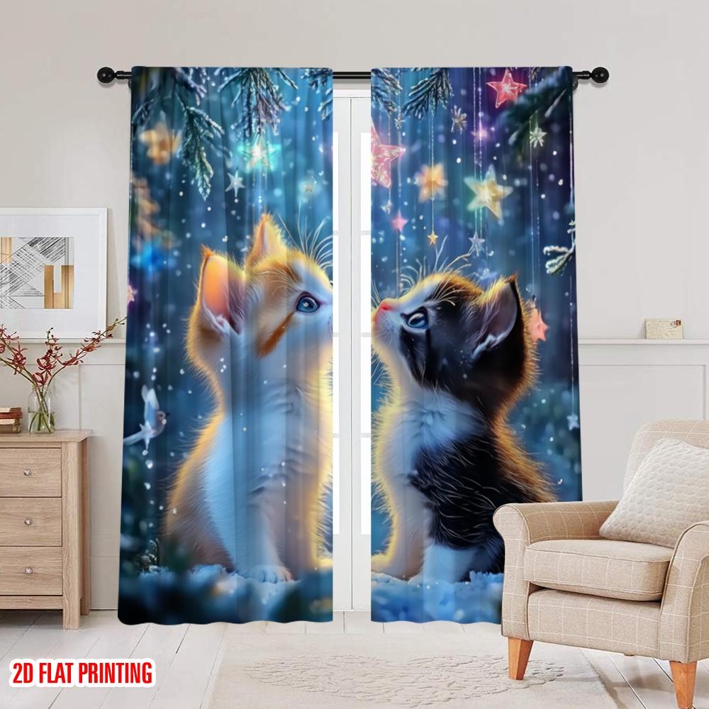 2pcs,2D Plane Printing Window Curtain Starry Kitten Stare Durable 100% Polyester Fabric (without Rod) Decorations For Home Ldeal