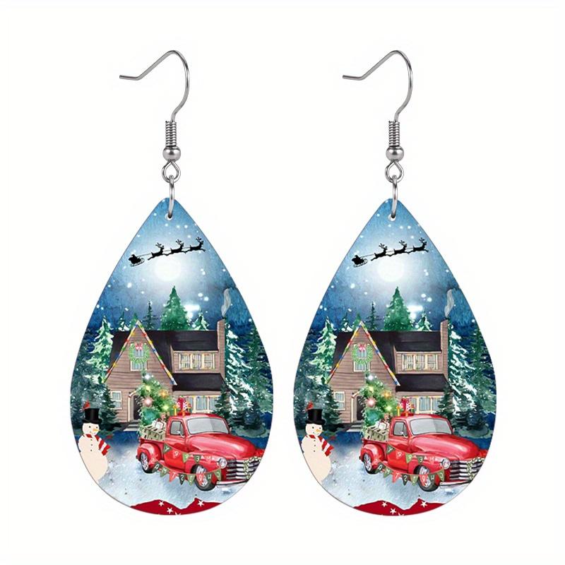 Red Car House Snowflake Print Waterdrop PU Earrings for Women Girls Bearded Dwarf  Cartoon Party Decorations Ornaments Christmas Gifts