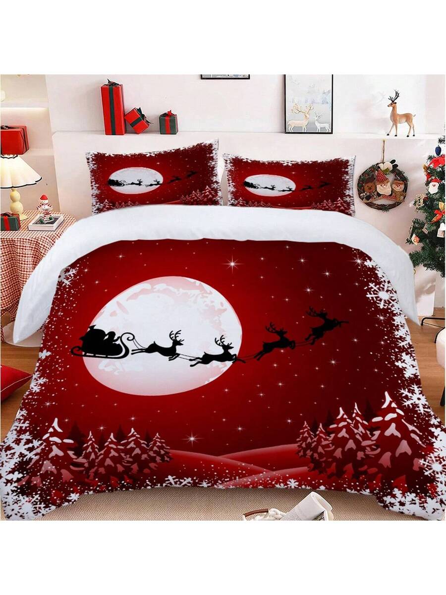 

Набор пододеяльников на рождественскую тематику, 3 шт. (1*Пододеяльник + 2*Наволочки Без Наполнителя)- Застежка-молния с Санта-Клаусом и оленем EU Twin(135x200cm)