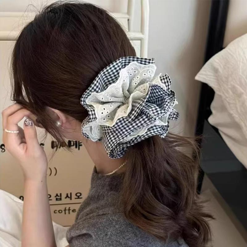 Elegant Four-layer Plaid Lace Large Intestine Scrunchie Hair Band For Women Girls Sweet Hair Tie Hair Ring Hair Accessories
